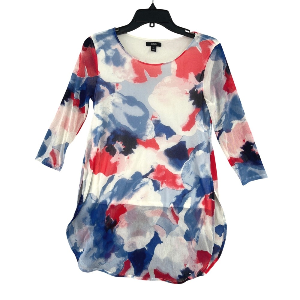 Alfani Artsy Floral Mesh Tunic Size PS Blue Red Watercolor High Low Sumer Boho